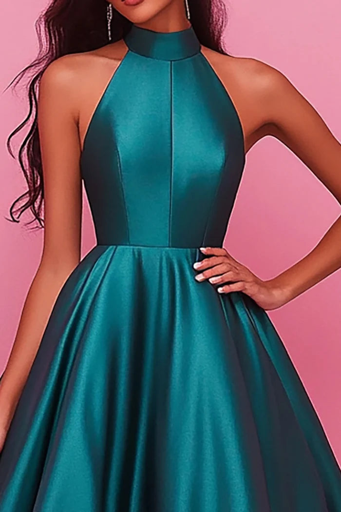 Robe de bal Weitese vert foncé, col haut, coupe trapèze, sans manches, en satin, avec lacets